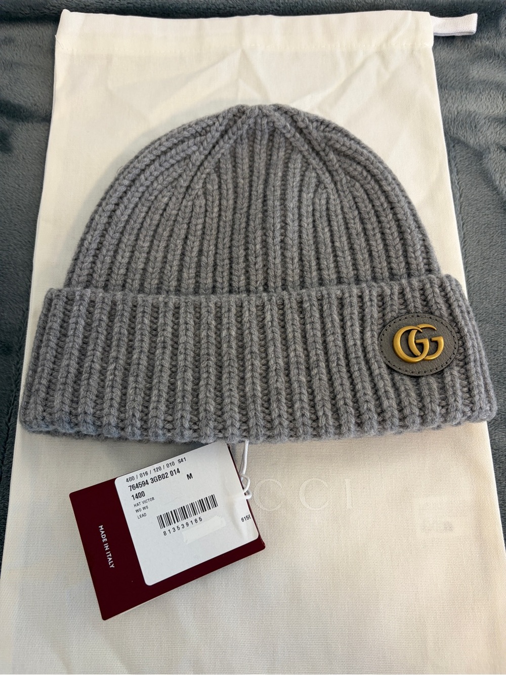 New Women’s Gucci Wool Cashmere Beanie with Double G Grey Size M (57 21cm)